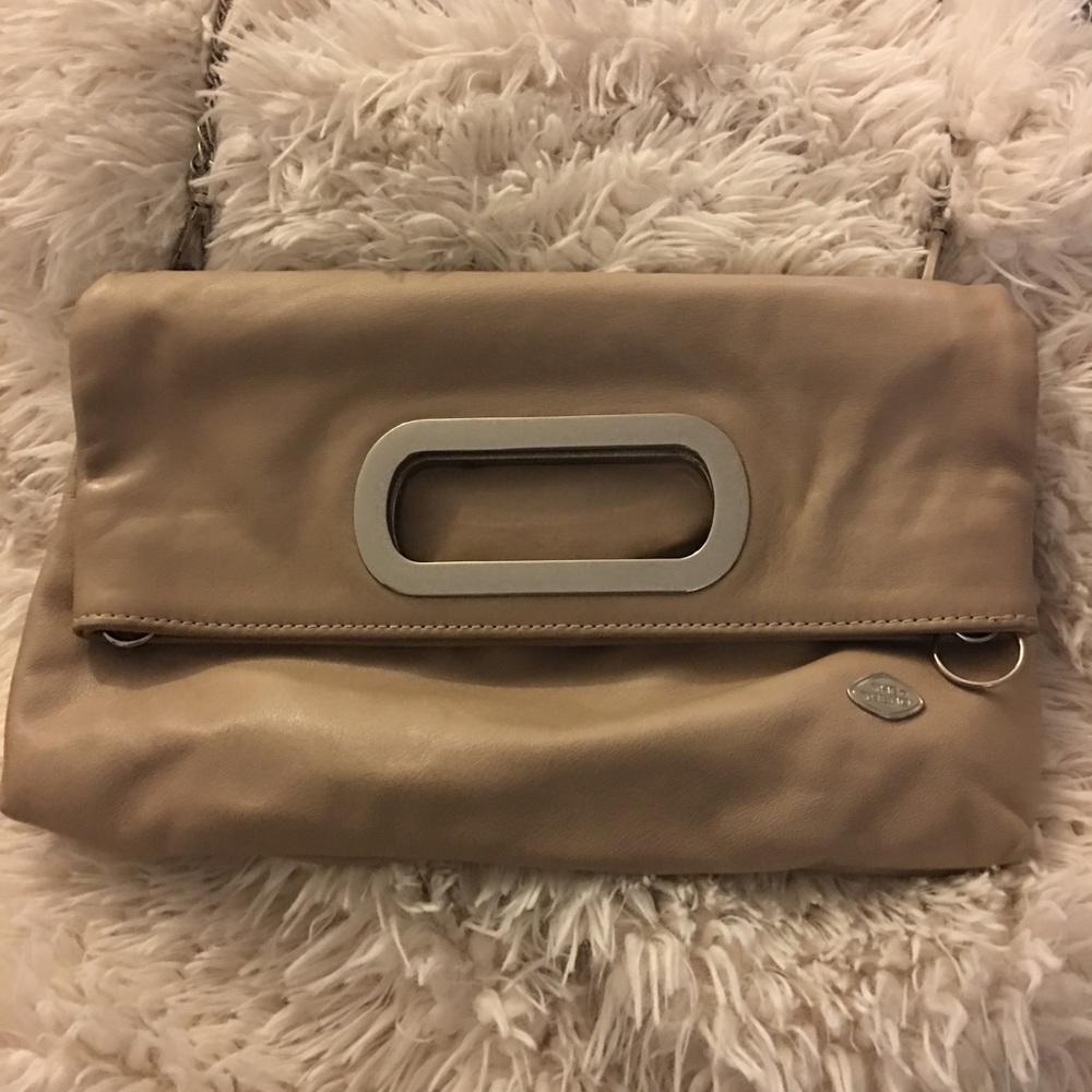 Genuine leather foldover mini crossbody clutch tan